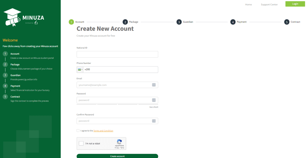 BRD MINUZA system create a new account