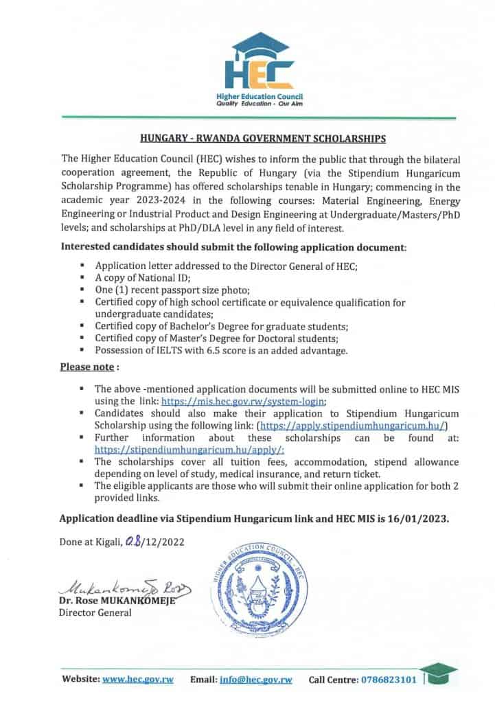 The Higher Education Council (HEC) via (the Stipendium Hungaricum Scholarship Programme) has offered scholarships in Hungary; commencing in the academic year 2023-2024 in Undergraduate, Masters and PhD levels deadline 16/01/2023.  TheHuye.Com