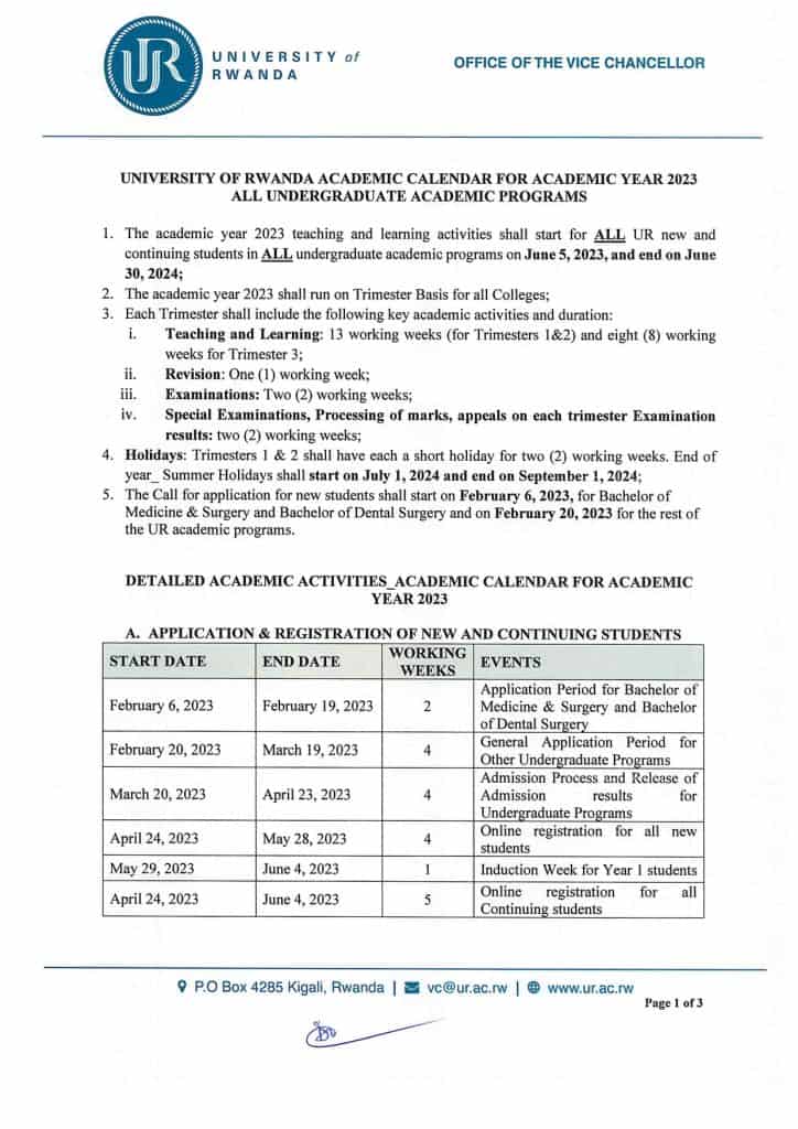 University of Rwanda Academic Calendar for Academic Year 2023 all