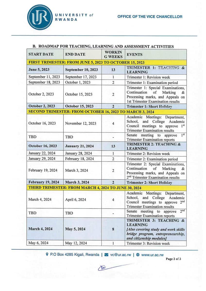 University of Rwanda Academic Calendar for Academic Year 2025 all