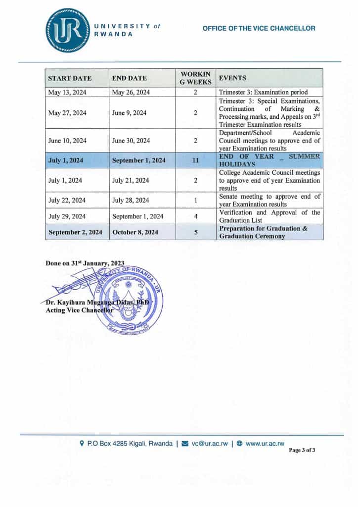 University of Rwanda Academic Calendar for Academic Year 2023 all