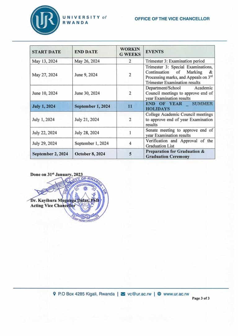 University of Rwanda Academic Calendar for Academic Year 2023 all